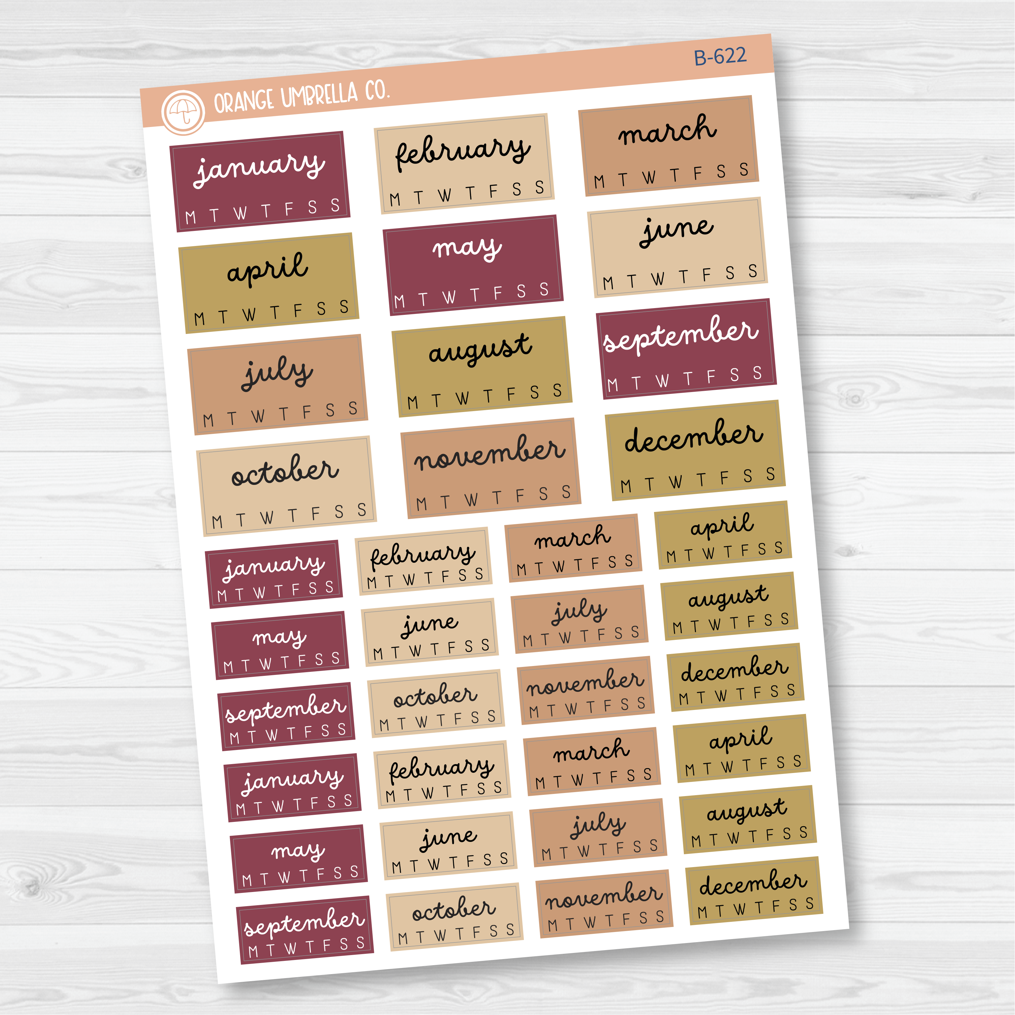 A5 Year at a Glance Planner Stickers - Hobonichi Cousin | F16 Muted | B-622-B-625