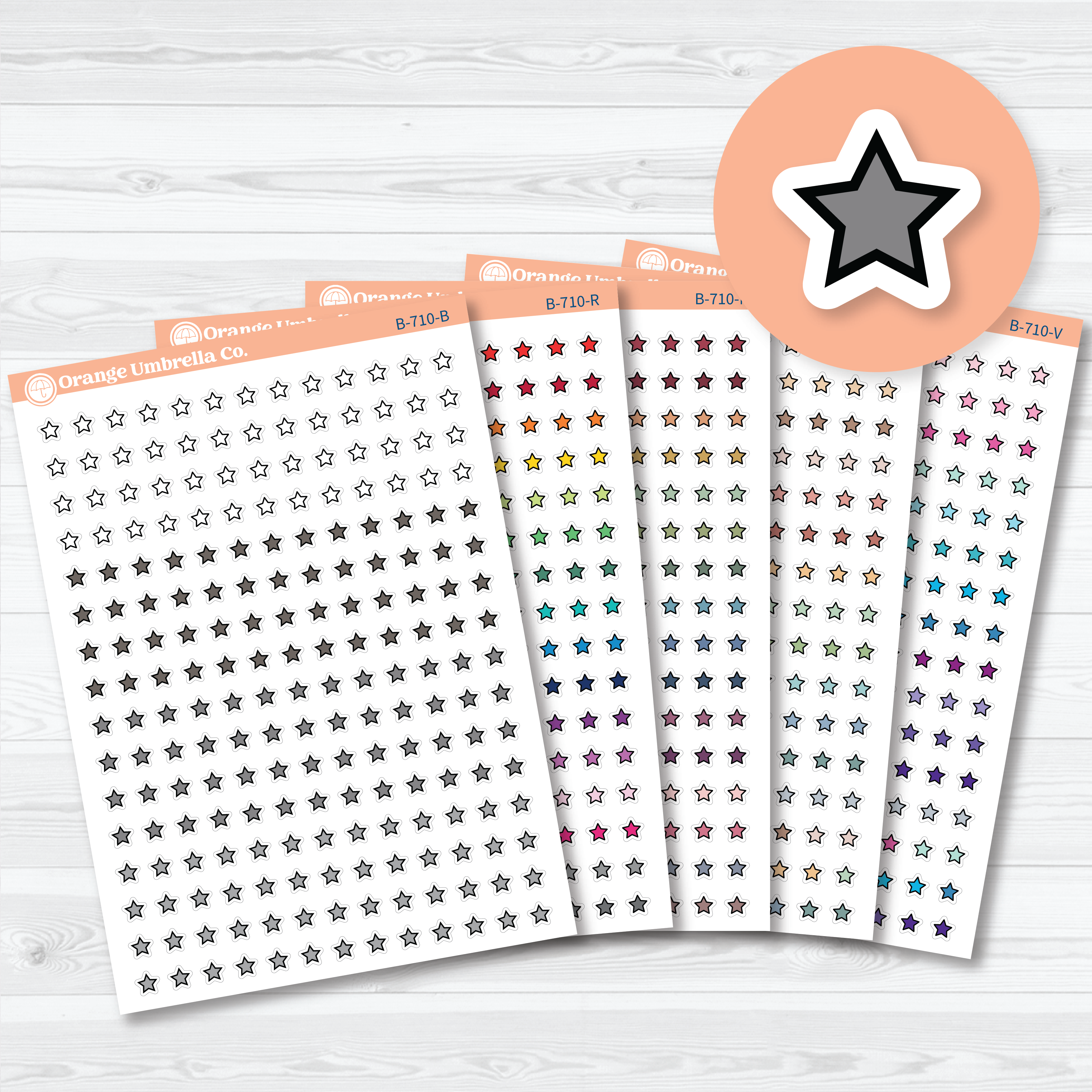 Tiny Star Icon planner stickers sheet with small star icons in black and color varieties by Orange Umbrella Co