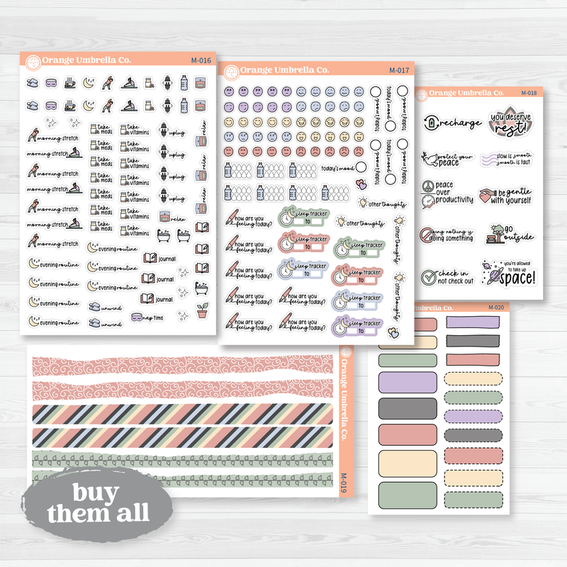 Wellness Pack planner stickers — Rest and Recharge bundle with icons, trackers, quotes, and washi for wellness and self-care planning
