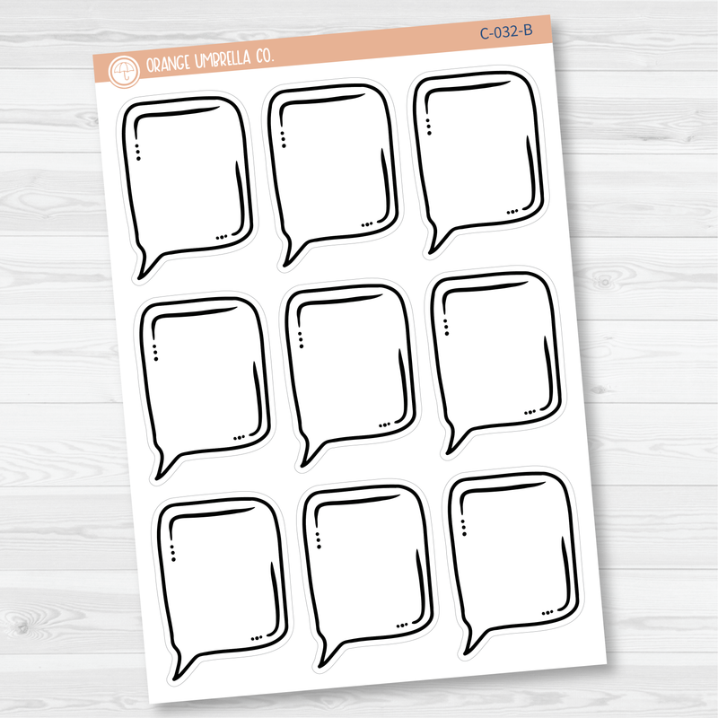 Full Box Speech Bubble Planner Stickers | Outline Speech Bubble Stickers | Black Print Speech Bubble Labels | C-032/033