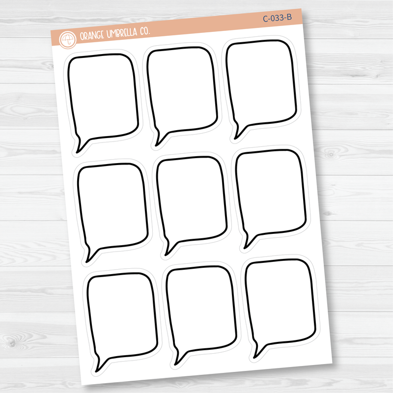 Full Box Speech Bubble Planner Stickers | Outline Speech Bubble Stickers | Black Print Speech Bubble Labels | C-032/033