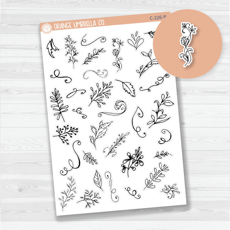 Twigs and Flourish Black & White Design Elements Planner Stickers | C-266-B