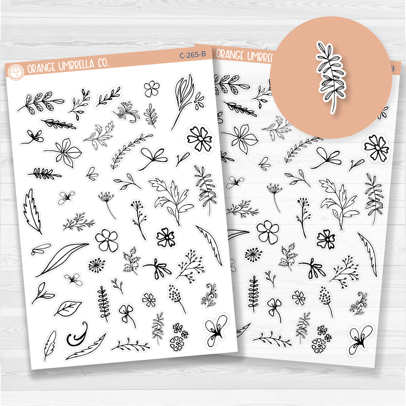 CLEARANCE | Twigs and Flowers Black & White Design Elements Planner Stickers | C-265