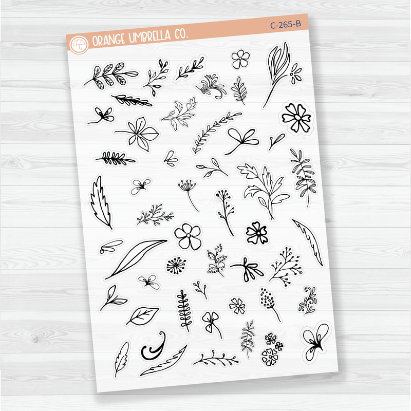 CLEARANCE | Twigs and Flowers Black & White Design Elements Planner Stickers | C-265