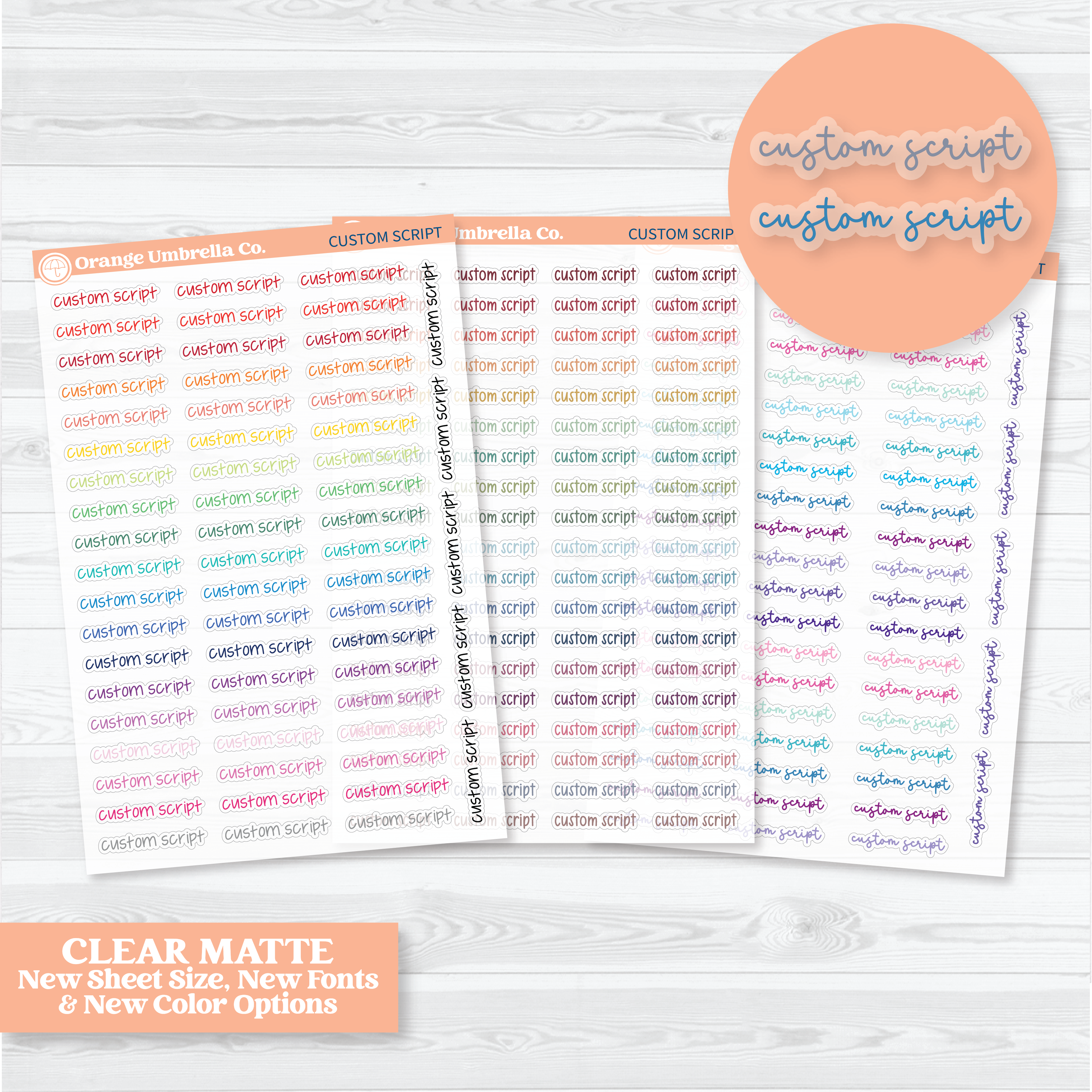Custom Script Planner Stickers | Color Scripts on Clear Matte | 1 Word/Phrase per Sheet | customscript-color-cm