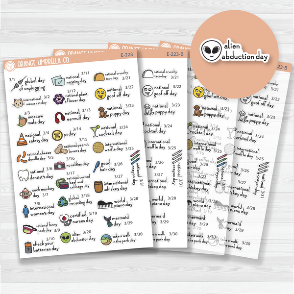 March Wacky Holidays Script Planner Stickers | F16 | E-223