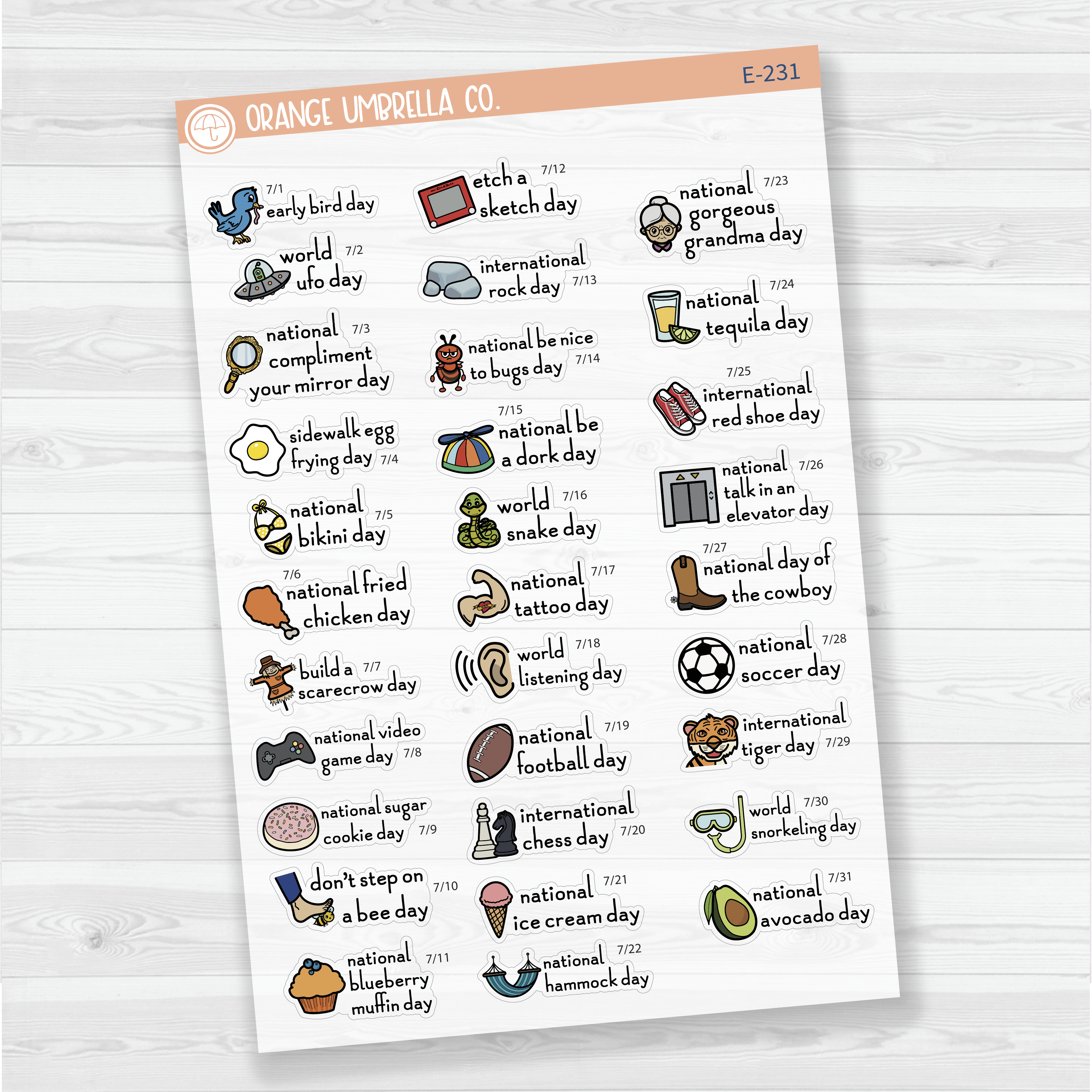 July Wacky Holidays Script Planner Stickers | F16 | E-231