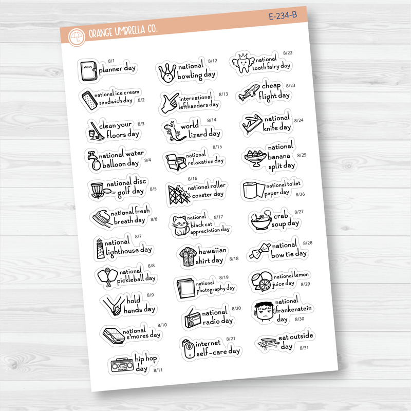 August Wacky Holidays Mini Script Planner Stickers | F16 | E-234