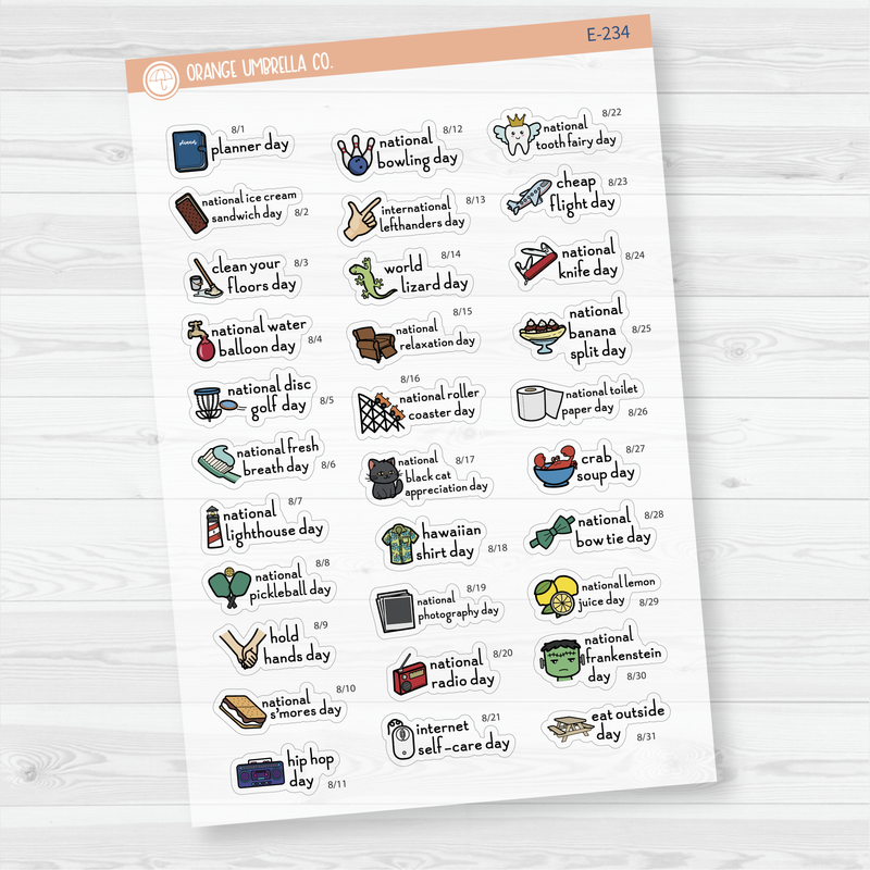 August Wacky Holidays Mini Script Planner Stickers | F16 | E-234