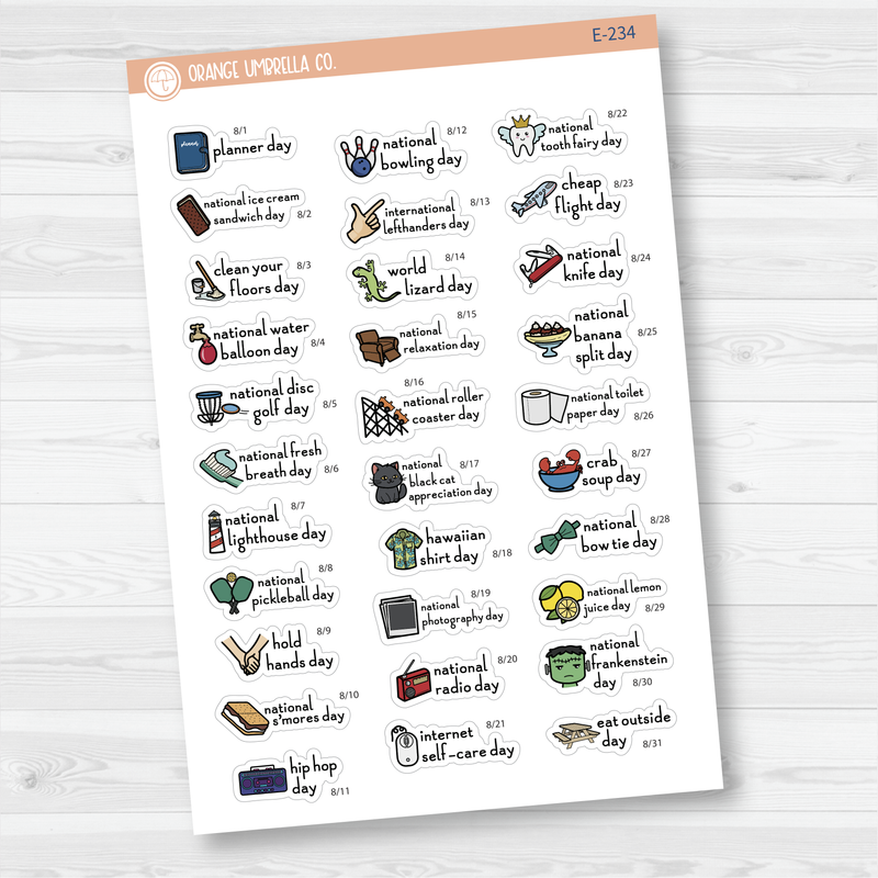 August Wacky Holidays Mini Script Planner Stickers | F16 | E-234