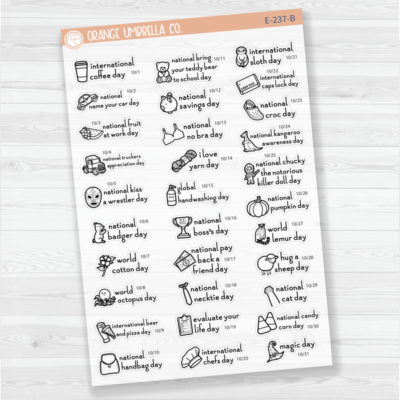 October Wacky Holidays Script Planner Stickers | F16 | E-237