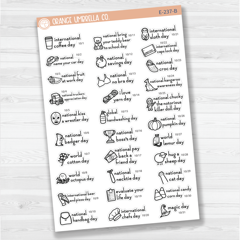 October Wacky Holidays Script Planner Stickers | F16 | E-237