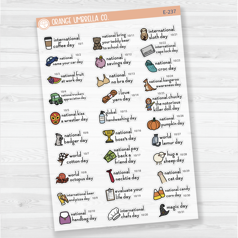 October Wacky Holidays Script Planner Stickers | F16 | E-237