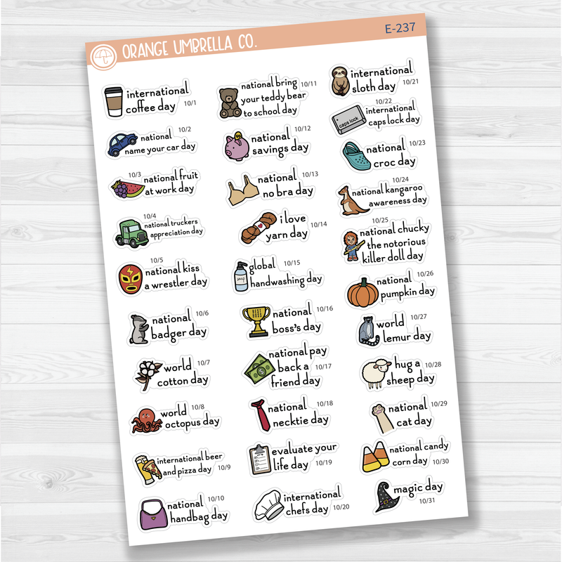 October Wacky Holidays Script Planner Stickers | F16 | E-237