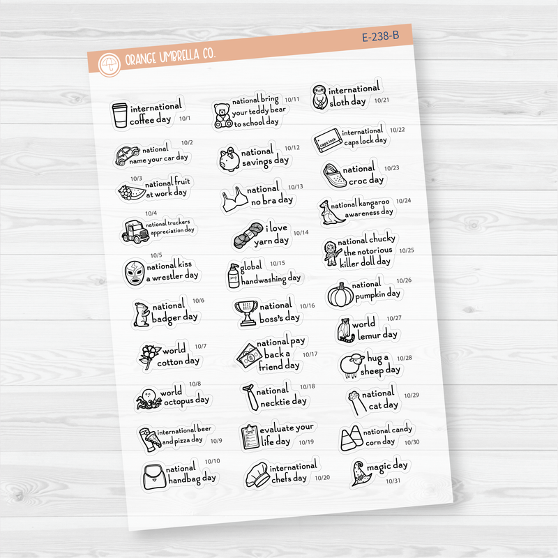 October Wacky Holidays Mini Script Planner Stickers | F16 | E-238