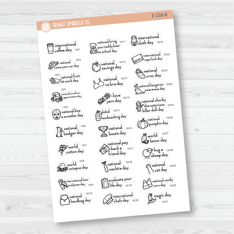 October Wacky Holidays Mini Script Planner Stickers | F16 | E-238