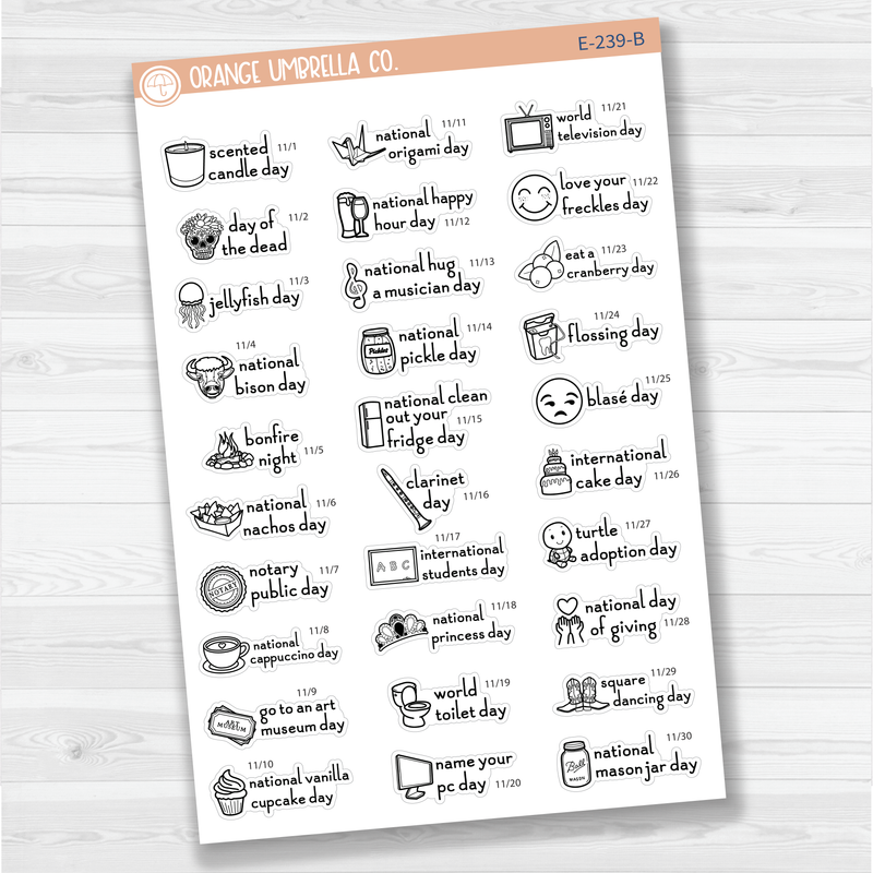 November Wacky Holidays Script Planner Stickers | F16 | E-239