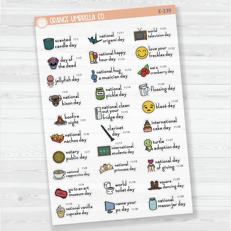 November Wacky Holidays Script Planner Stickers | F16 | E-239