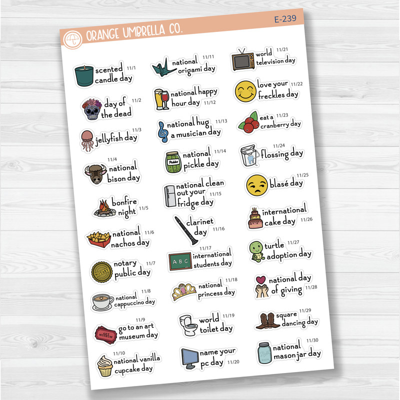 November Wacky Holidays Script Planner Stickers | F16 | E-239