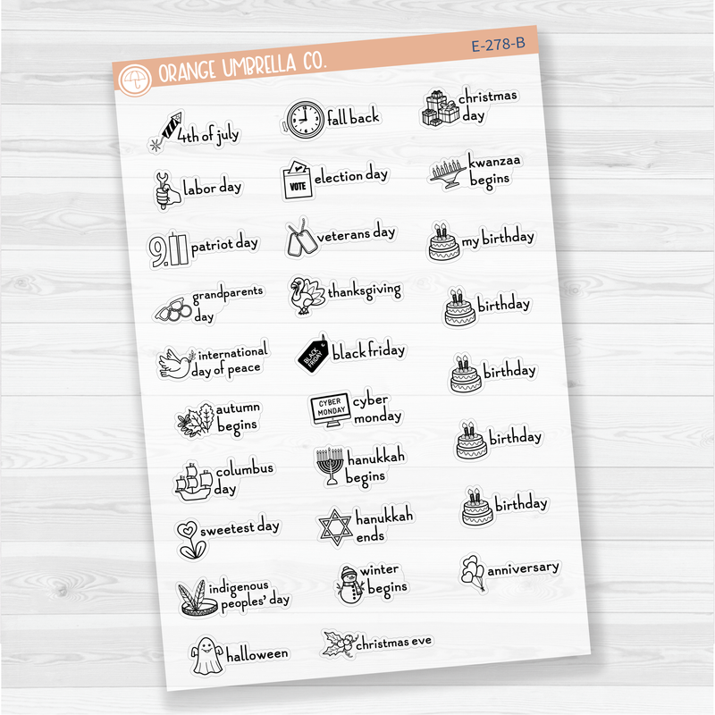 Doodle Holidays | Icon & Script Planner Stickers July-December | F16 | E-278