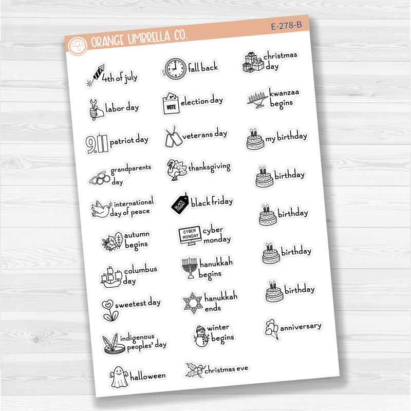 Doodle Holidays | Icon & Script Planner Stickers July-December | F16 | E-278