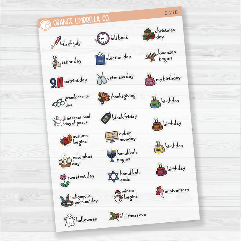 Doodle Holidays | Icon & Script Planner Stickers July-December | F16 | E-278