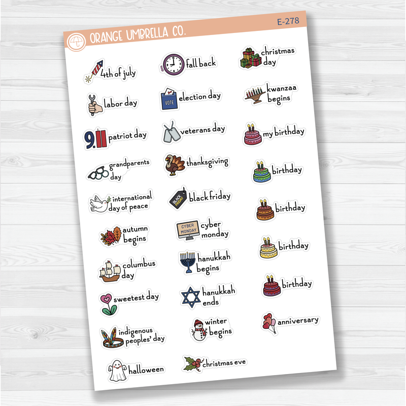 Doodle Holidays | Icon & Script Planner Stickers July-December | F16 | E-278