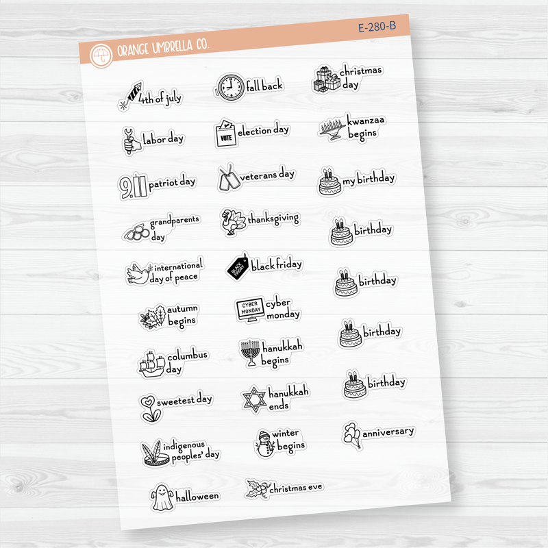 Doodle Holidays | Mini Icon & Script Planner Stickers July-December | F16 | E-280