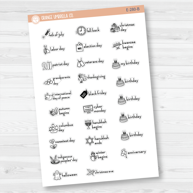 Doodle Holidays | Mini Icon & Script Planner Stickers July-December | F16 | E-280