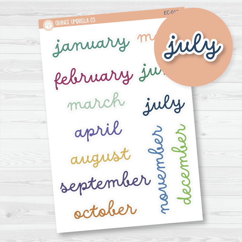 Month Name Planner Stickers - A5 Erin Condren | F16 Script | EC-013