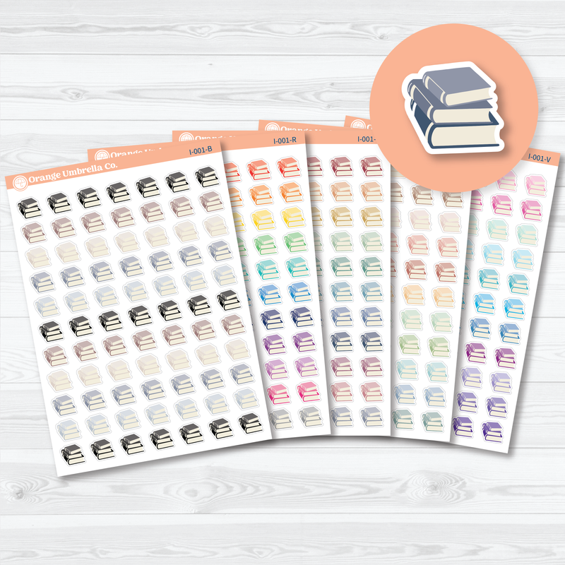 Hand Doodled Books Icon planner stickers sheet with colorful book icons by Orange Umbrella Co