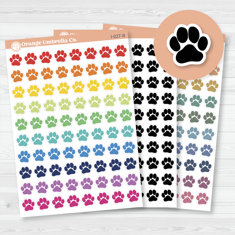 Sticker sheet with colorful paw print icons in rainbow colors on removable white matte, 4.5" x 6.5", 80 stickers total – I-027 by Orange Umbrella Co.