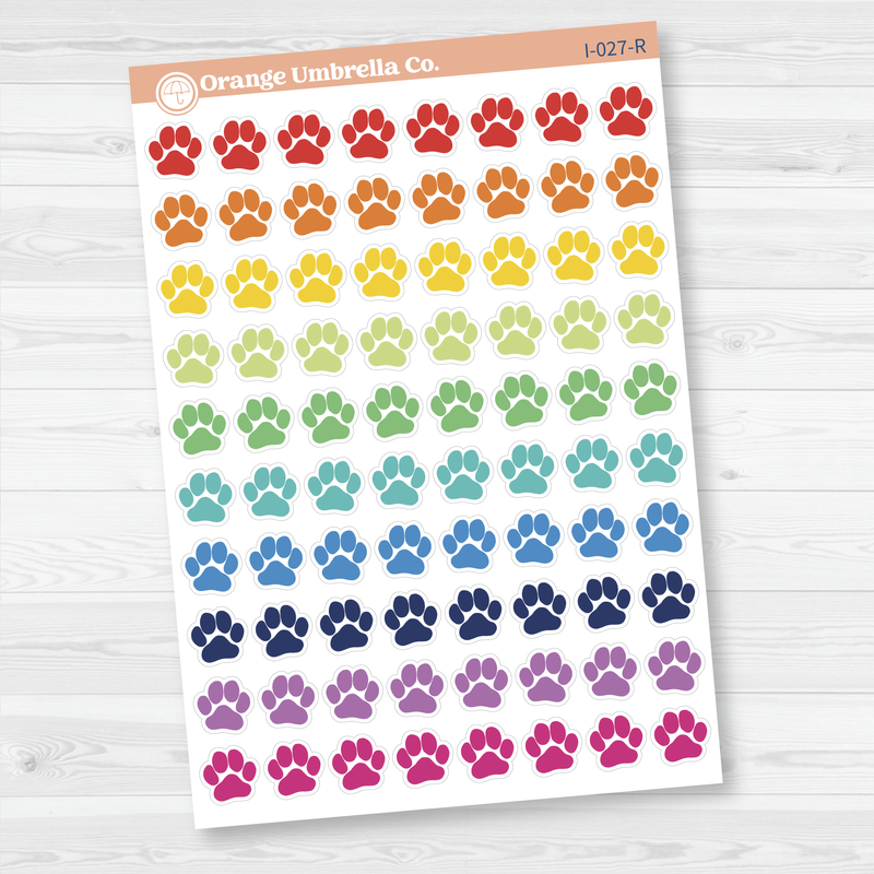 Sticker sheet with colorful paw print icons in rainbow colors on removable white matte, 4.5" x 6.5", 80 stickers total – I-027 by Orange Umbrella Co.
