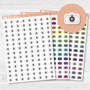 Camera icon planner sticker sheet in white matte featuring black and colorful mini camera illustrations.