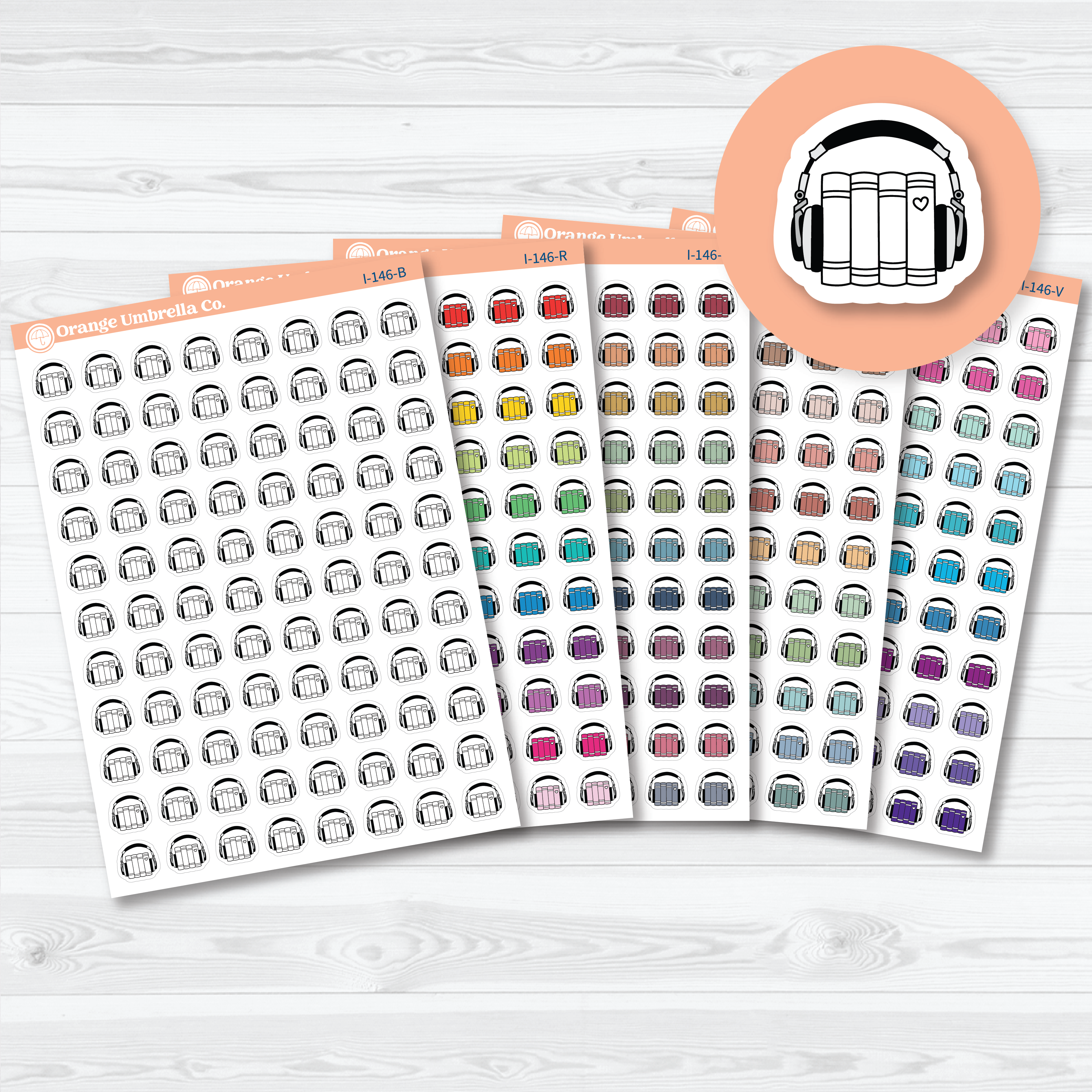 Audiobook icon planner stickers in assorted colors, white matte sheet for reading or journaling planners.