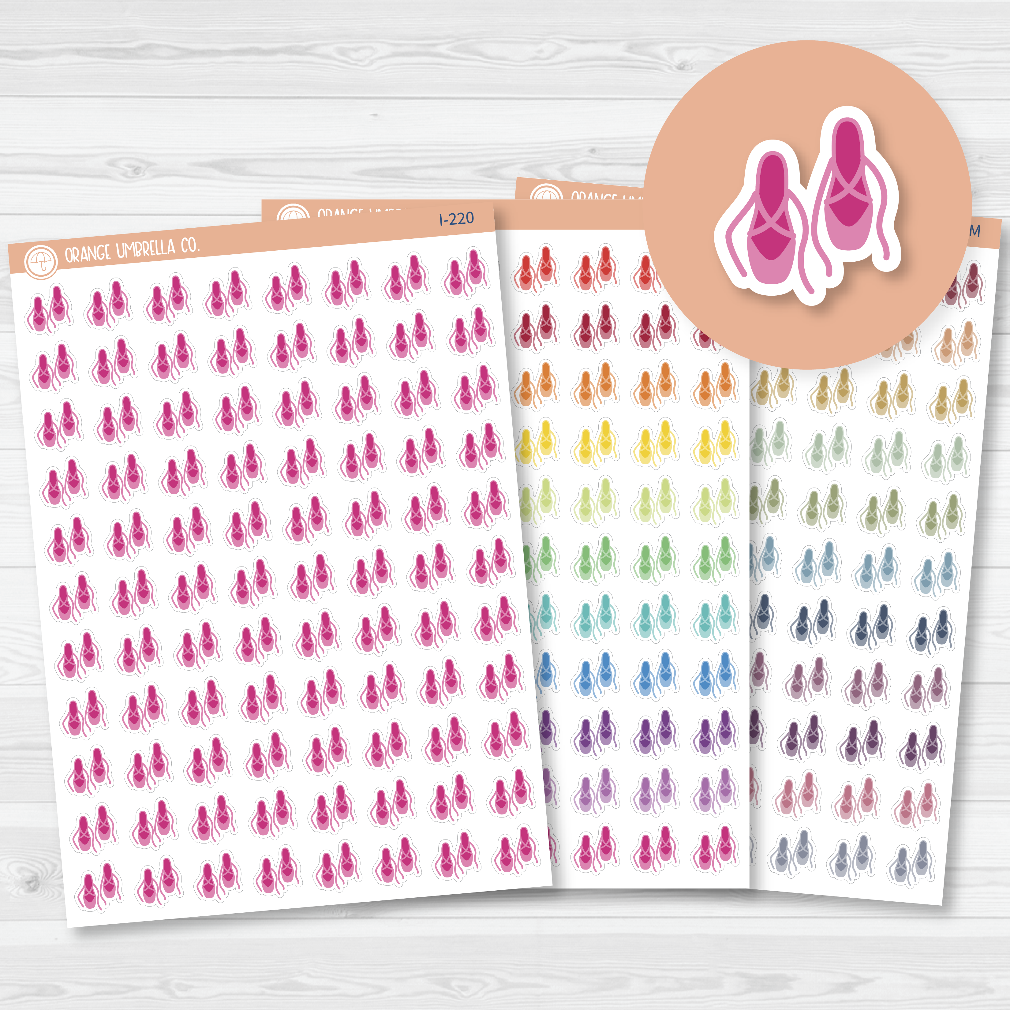 White matte ballet shoes icon sticker sheet with 88 small dance-themed icons.