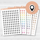 Location marker stickers sheet for planners, location pins, travel icons, functional icon stickers, removable white matte.

