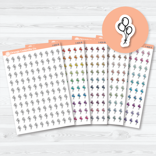 Hand Doodled Balloon Icon planner stickers sheet with colorful sketch-style balloons by Orange Umbrella Co

