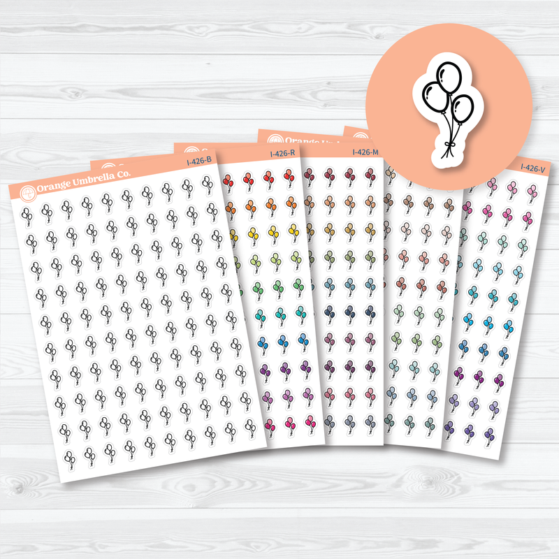 Hand Doodled Balloon Icon planner stickers sheet with colorful sketch-style balloons by Orange Umbrella Co
