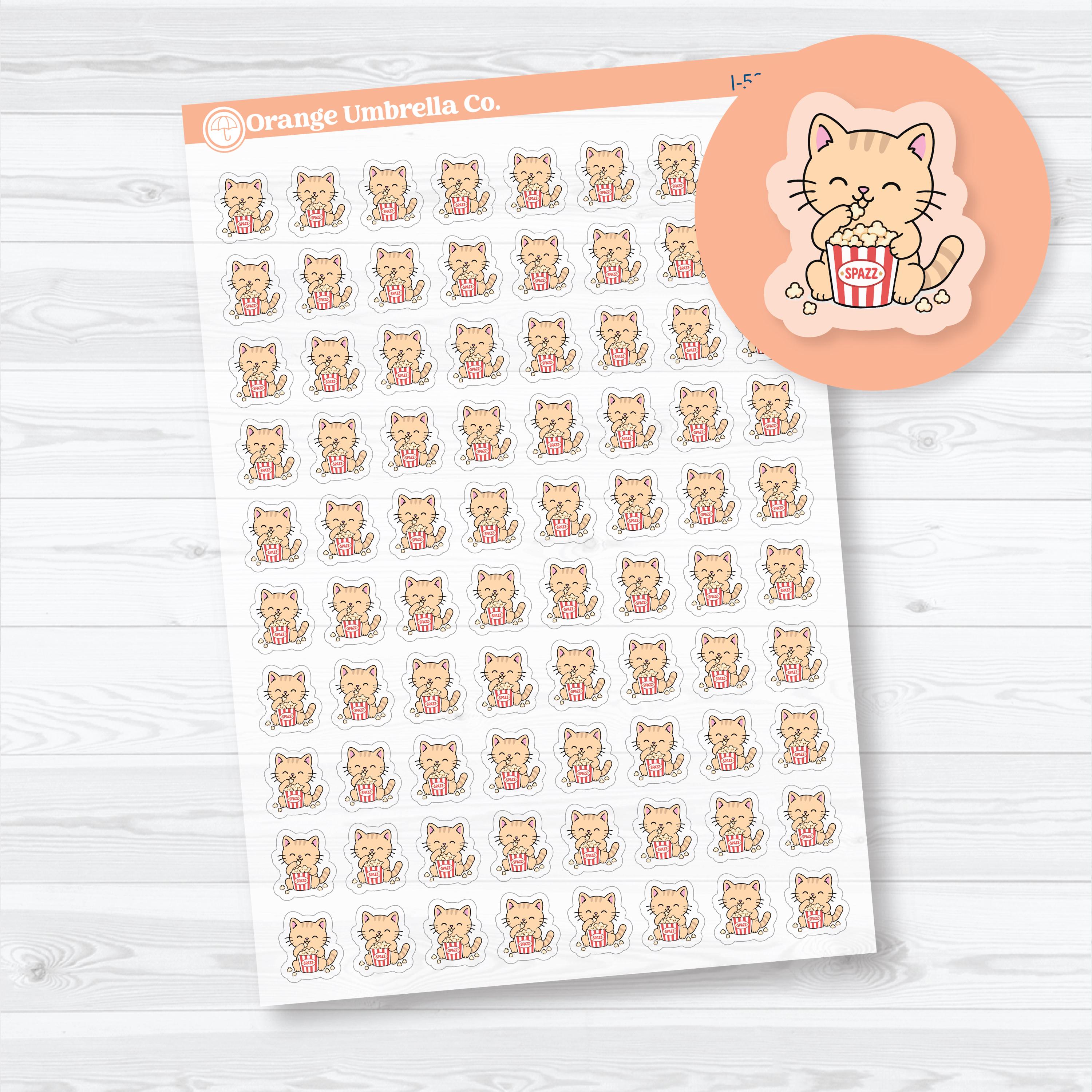  Mini Popcorn Movie Night Spazz clear matte cat planner stickers featuring transparent movie night, popcorn, and TV tracking icons.