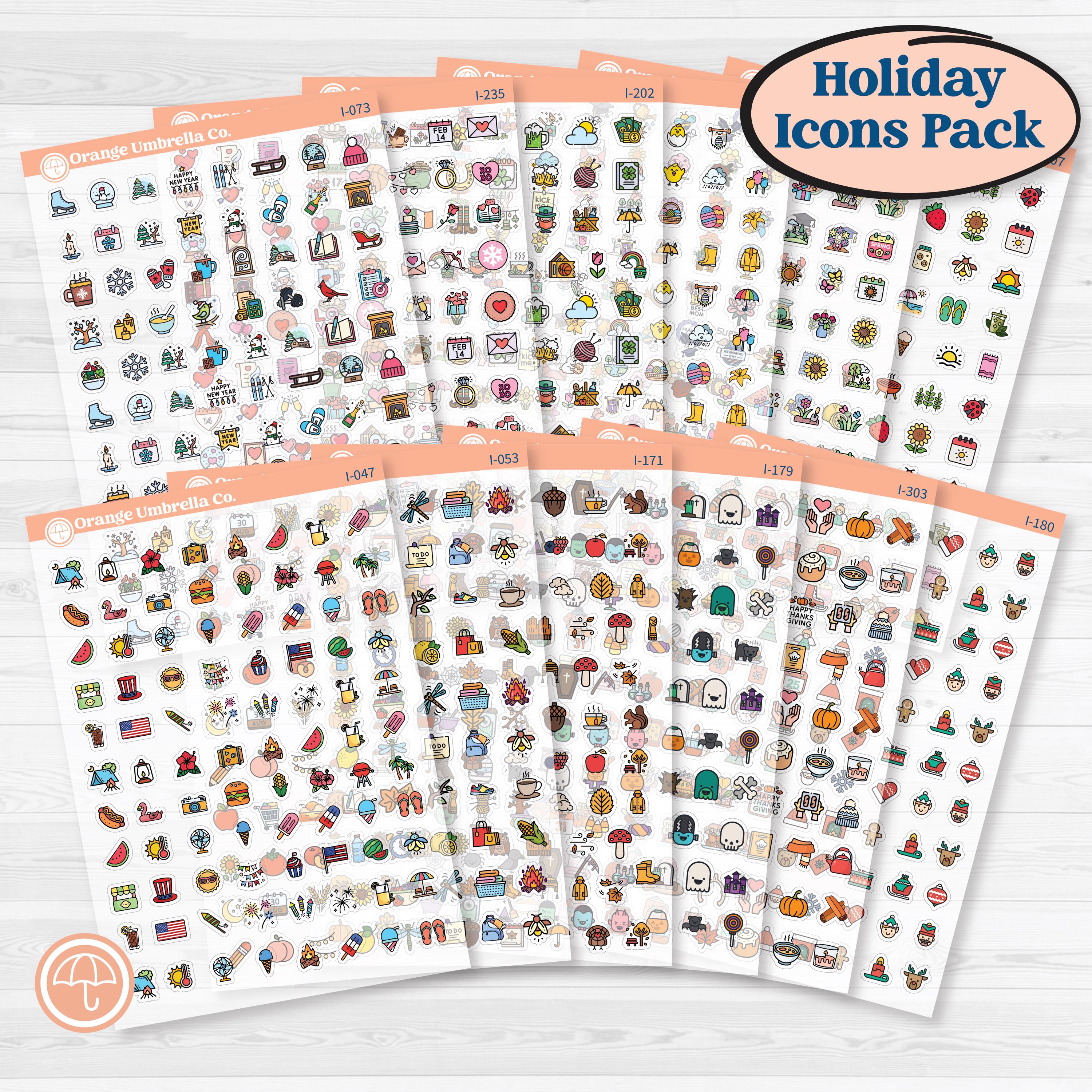 Bundle of 12 monthly holiday planner icon sticker sheets on clear matte sticker paper featuring seasonal icons for year-round planners, calendars, journals, and memory keeping.