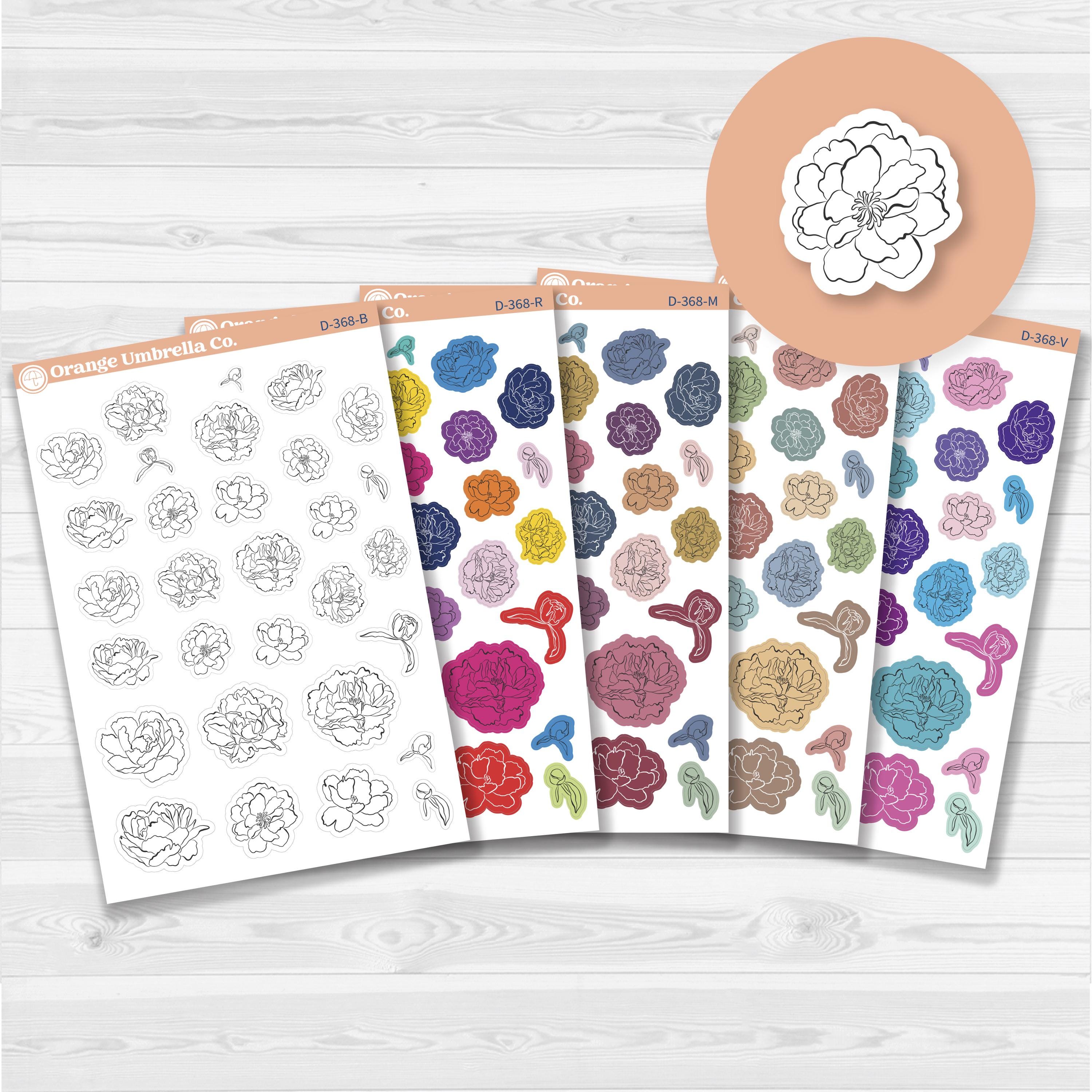 White matte sticker sheet featuring 31 peony flower stickers in various sizes and mixed colors.