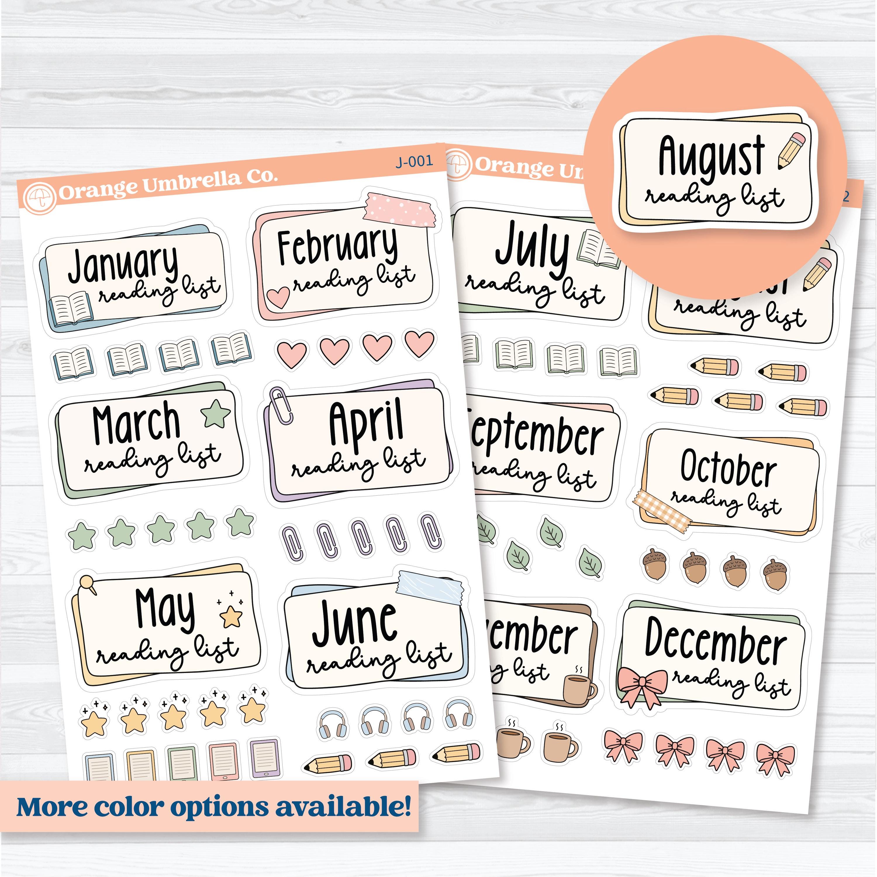 Monthly reading list planner stickers for reading journals with layered labels, bookish icons, and cozy pastel reading tracker designs by Orange Umbrella Co