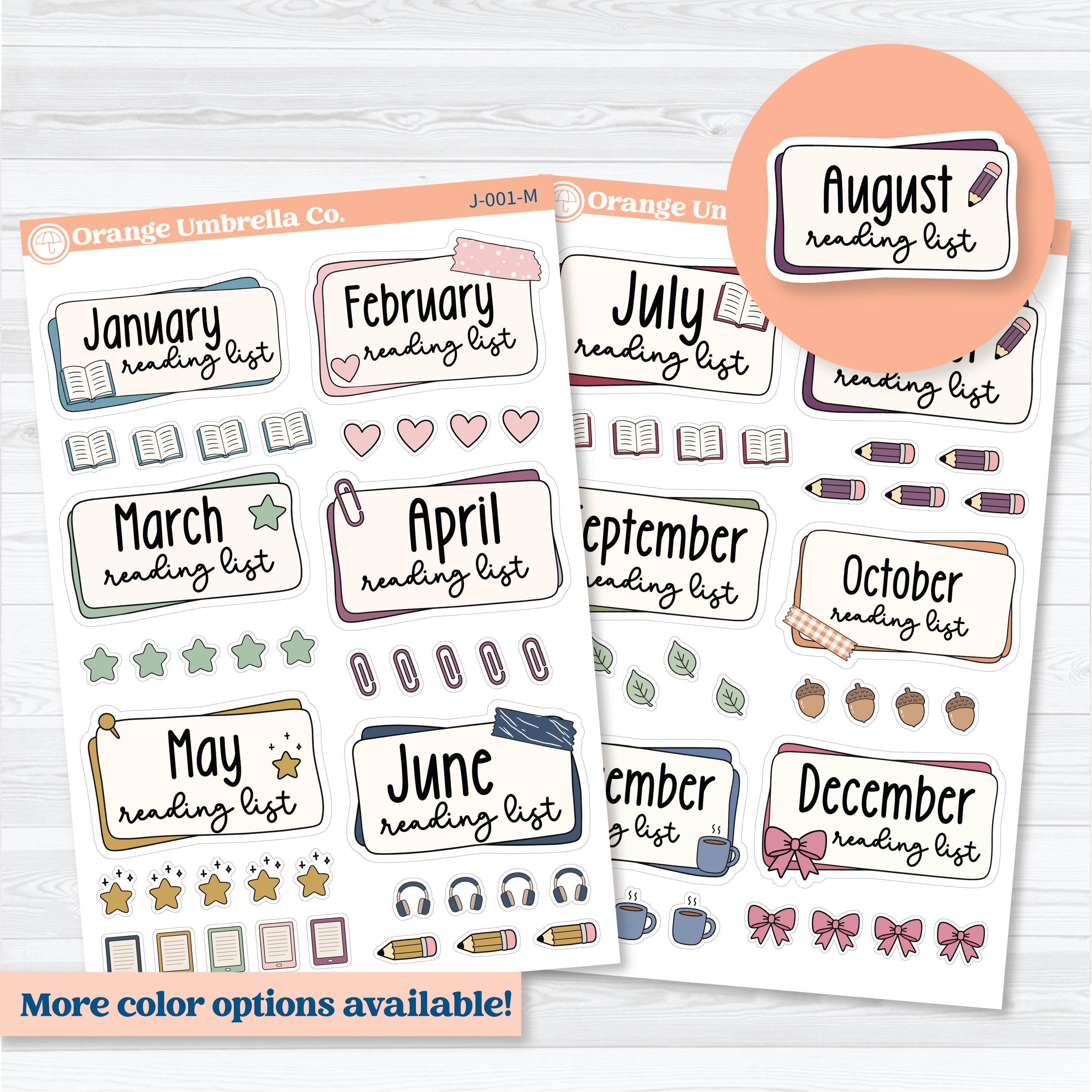 Monthly reading list planner stickers for reading journals with layered labels, bookish icons, and cozy pastel reading tracker designs by Orange Umbrella Co