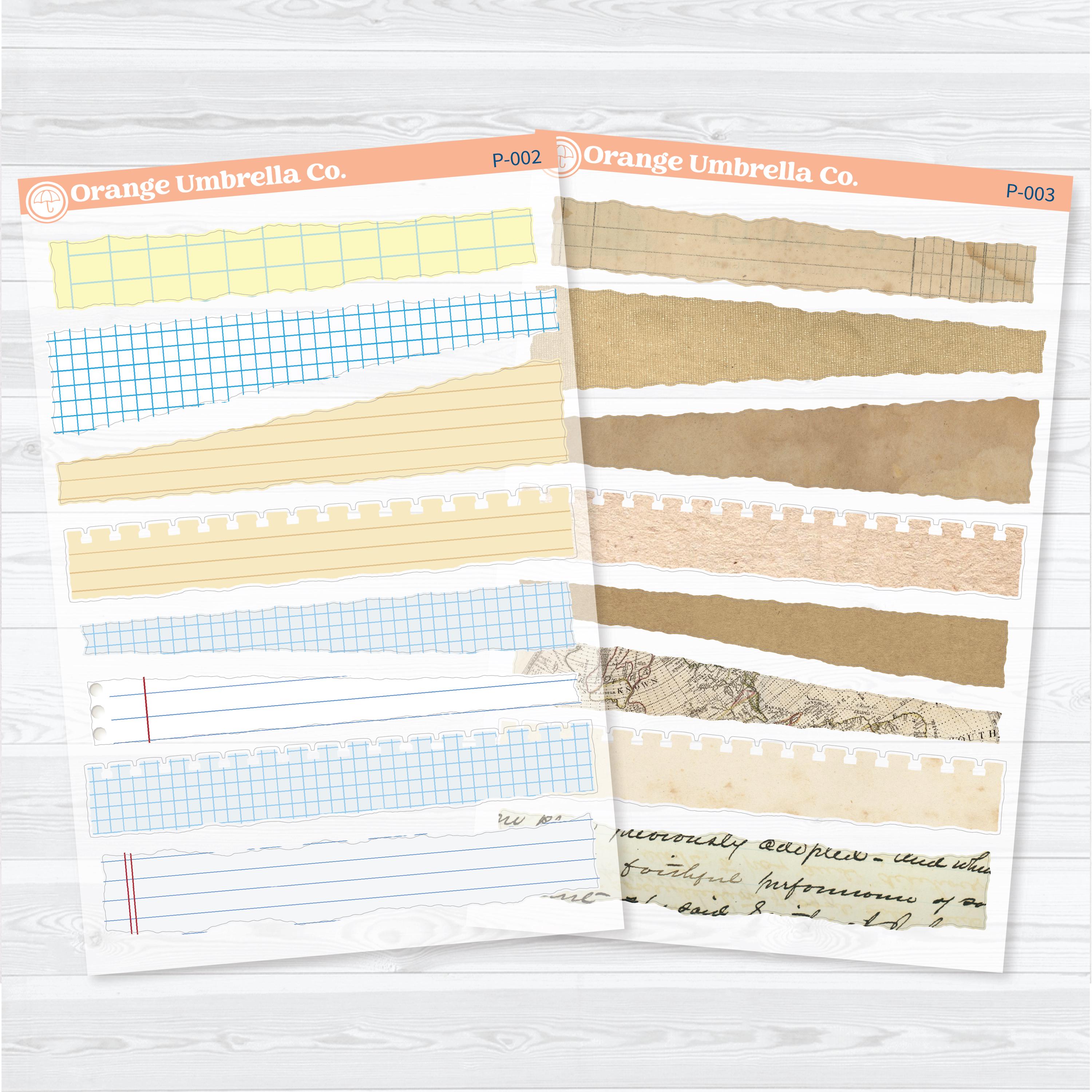 Torn paper pieces ephemera stickers available in notebook paper and vintage paper designs for junk journals, planners, scrapbooking, and layered journal spreads on clear matte sticker paper.