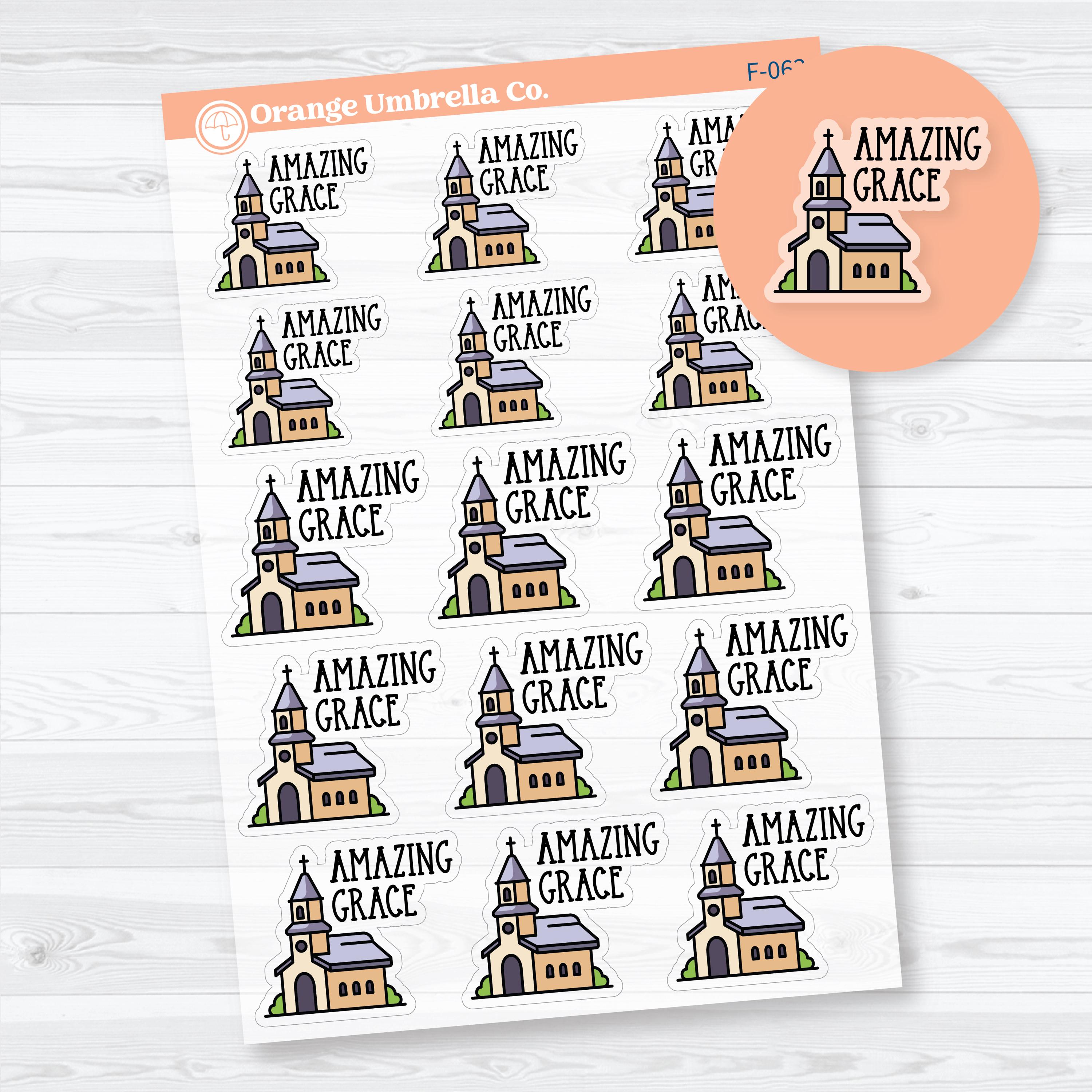 Amazing Grace clear matte faith phrase stickers featuring an inspirational Christian design for Bible journaling, prayer journals, devotional notebooks, and faith planners.

