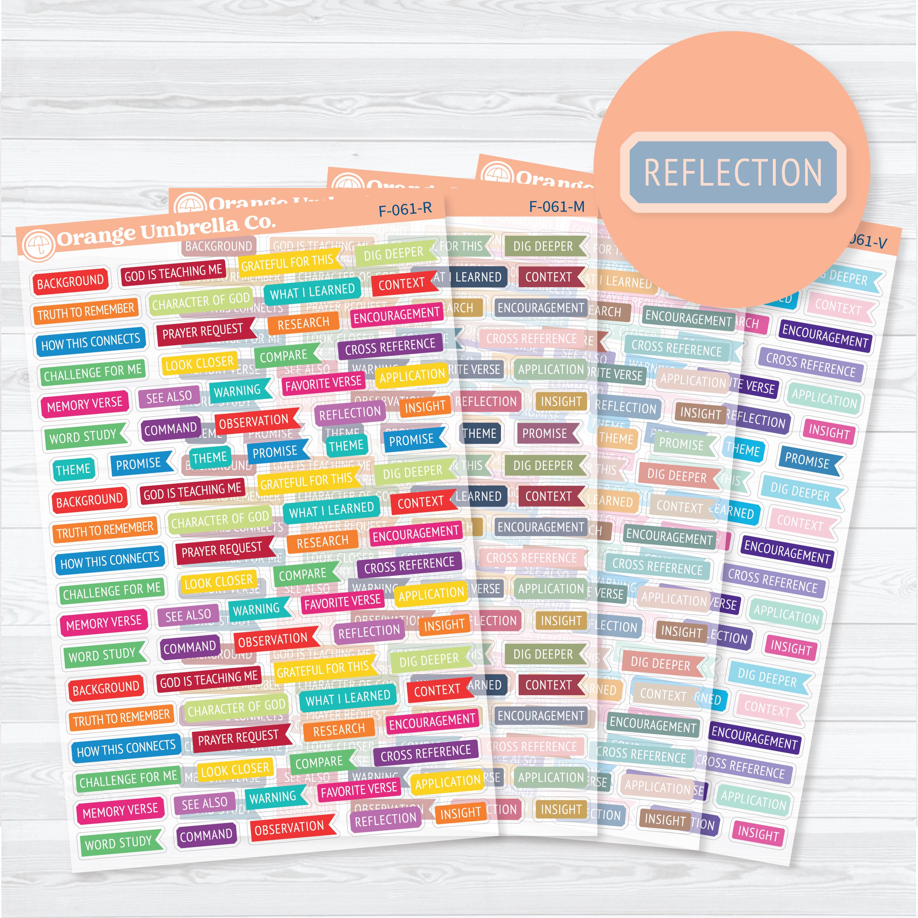 Bible Reading Annotation & Journaling Labels featuring functional Bible study banner stickers for observations, cross references, themes, applications, prayer requests, and Scripture journaling on clear matte sticker paper.
