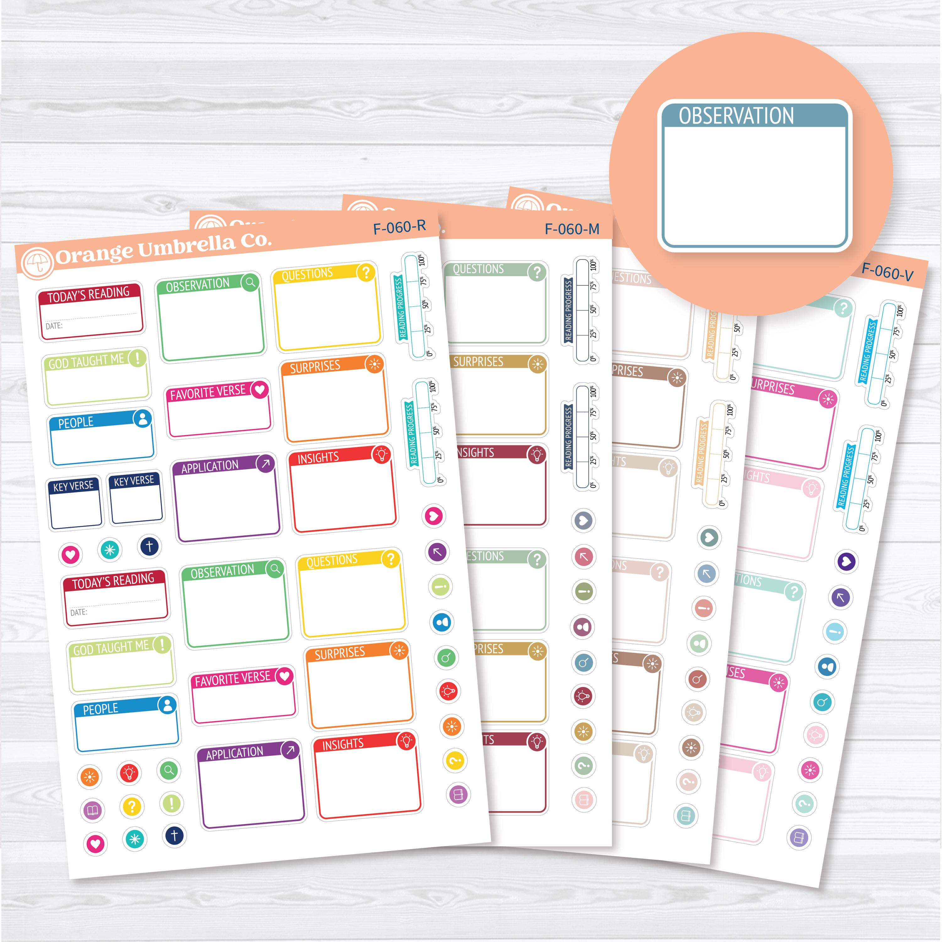 Bible Reading Companion sticker sheet featuring Bible study boxes, reading progress trackers, and functional icons for Scripture study, faith planners, prayer journals, and Bible journaling.