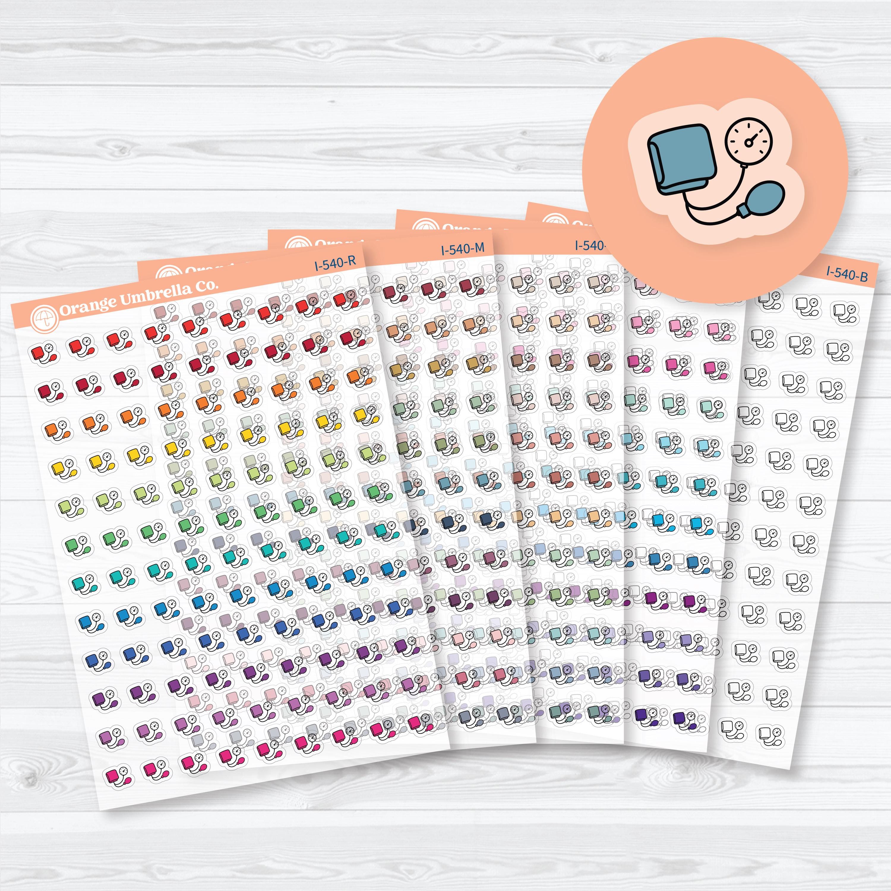 Blood pressure planner icon stickers featuring a blood pressure cuff for tracking BP readings, heart health, doctor visits, and wellness routines on clear matte sticker paper.

