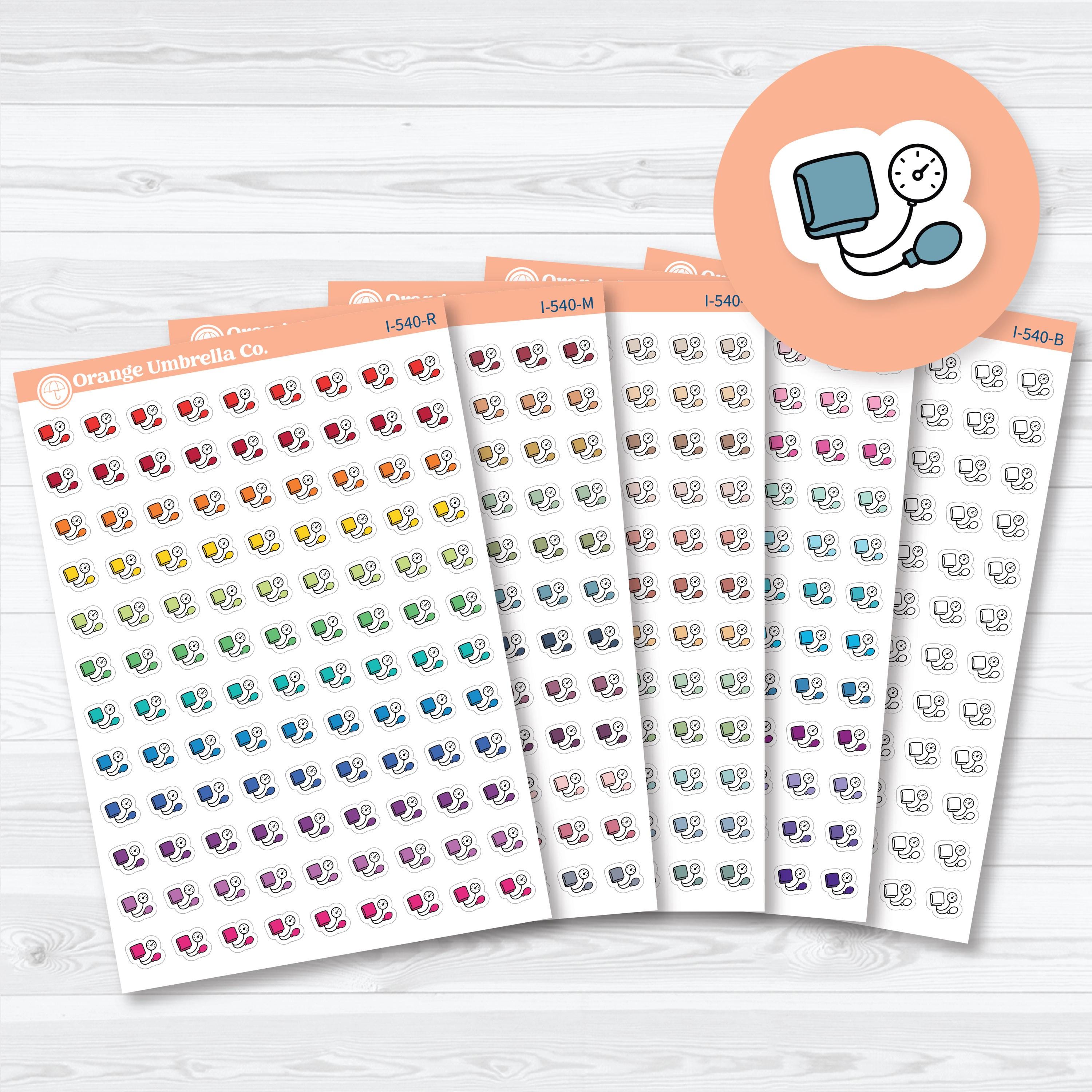 Blood pressure planner icon stickers featuring a blood pressure cuff for tracking BP readings, heart health, doctor visits, and wellness routines on removable white matte sticker paper.
